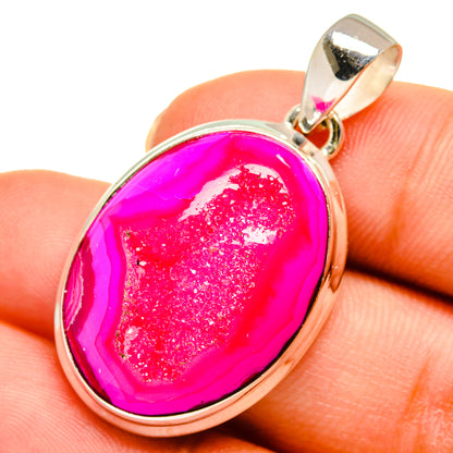 Pink druzy agate pendant, oval bezel with hinged silver bail