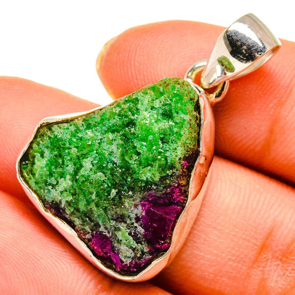 Rough zoisite pendant in 925 silver bezel, green and purple stone with bail