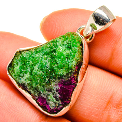 Rough zoisite pendant in 925 silver bezel, green and purple stone with bail