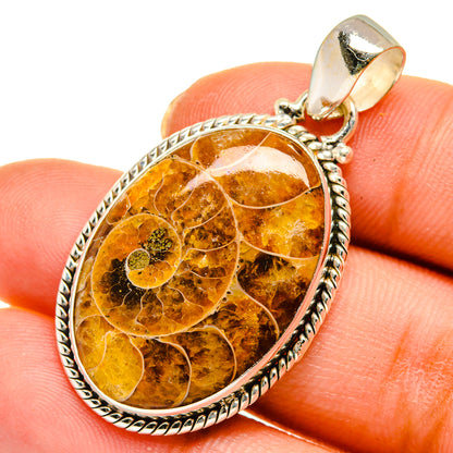 Ammonite fossil pendant with oval orange-brown ammonite stone in silver bezel