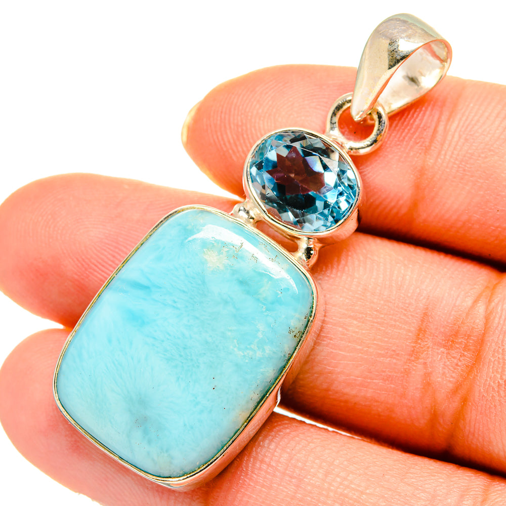 Blue stone pendant with rectangular turquoise slab and round blue topaz, bail on top