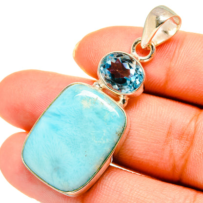 Blue stone pendant with rectangular turquoise slab and round blue topaz, bail on top
