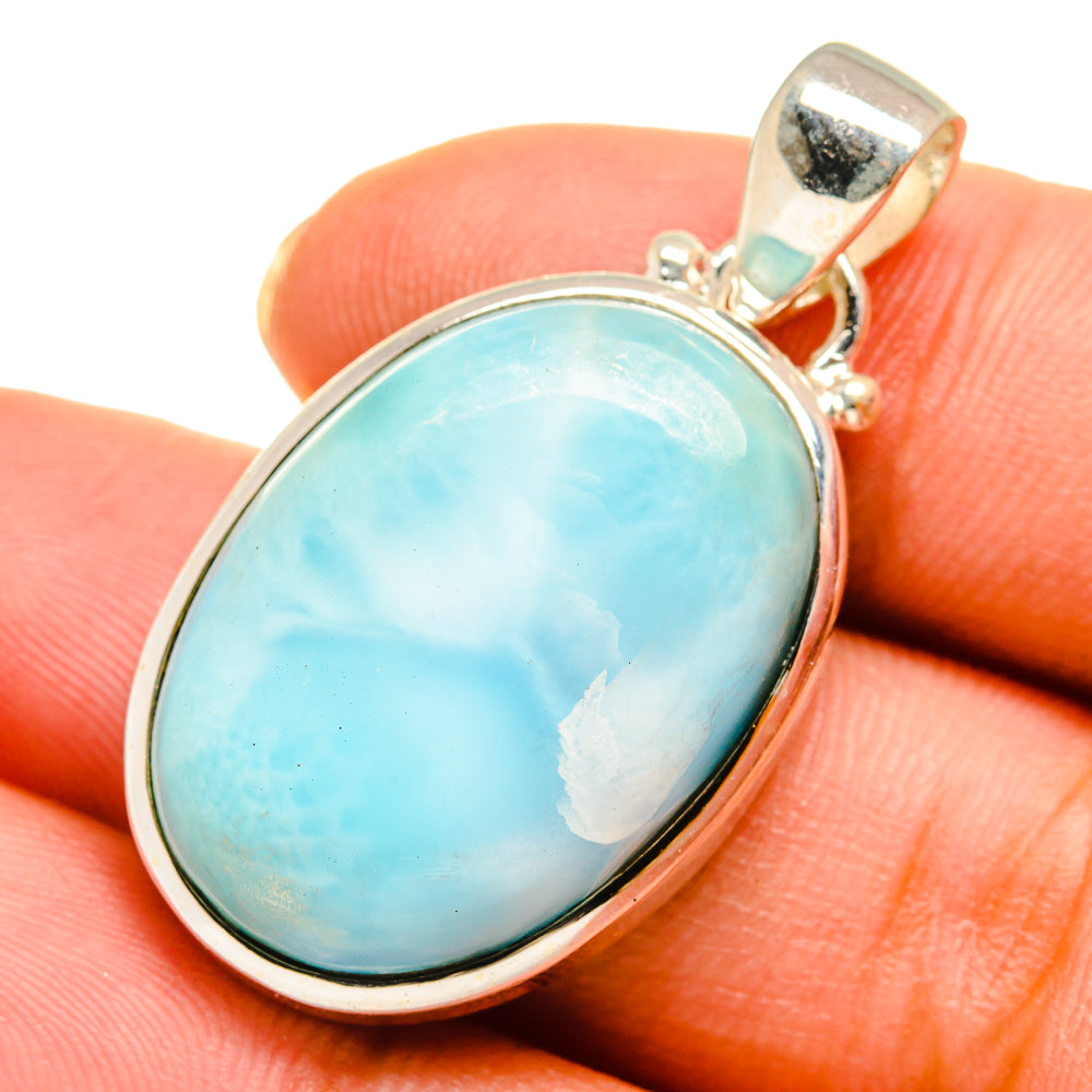Larimar pendant in oval sterling silver bezel with bail, blue stone with white veining