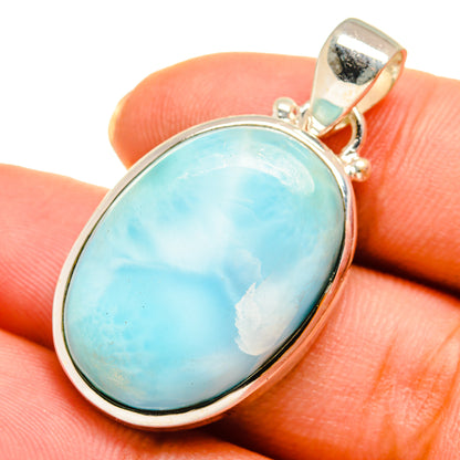 Larimar pendant in oval sterling silver bezel with bail, blue stone with white veining