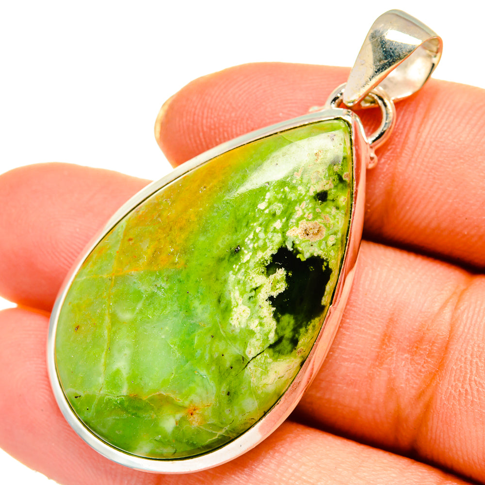 Green opal teardrop pendant, sterling silver bezel and loop bail, close-up