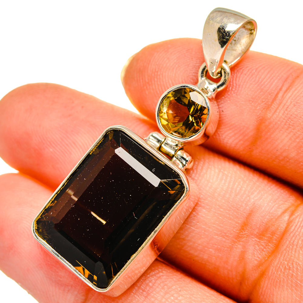 Sterling silver gemstone pendant with yellow citrine and dark smoky quartz rectangle