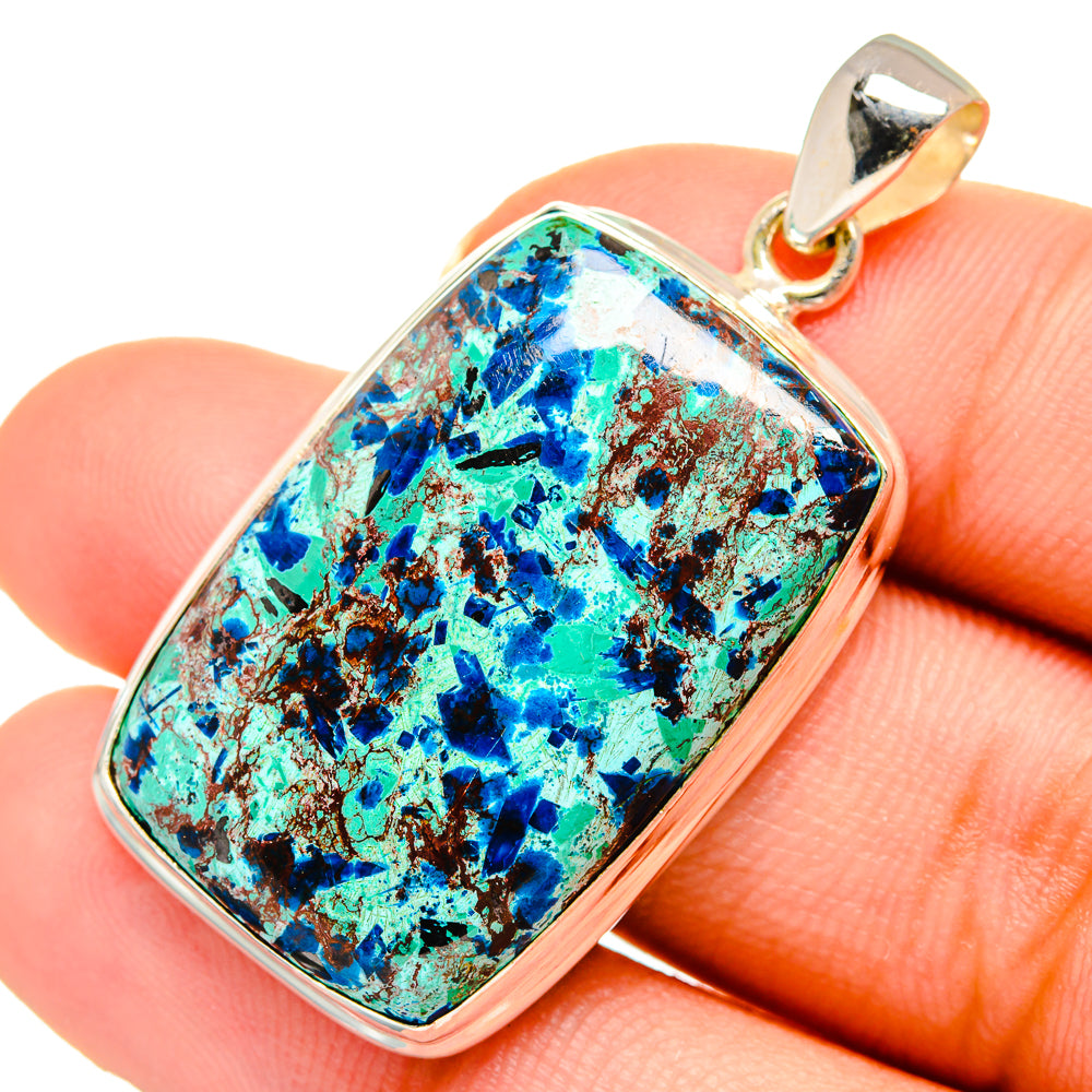 Shattuckite pendant close-up with blue-green matrix stone and polished 925 silver bail