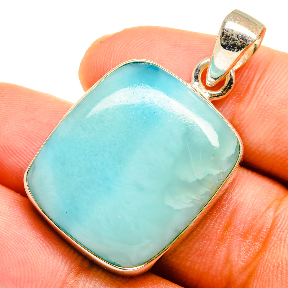 Turquoise larimar pendant bezel with bail, square stone shown on hand