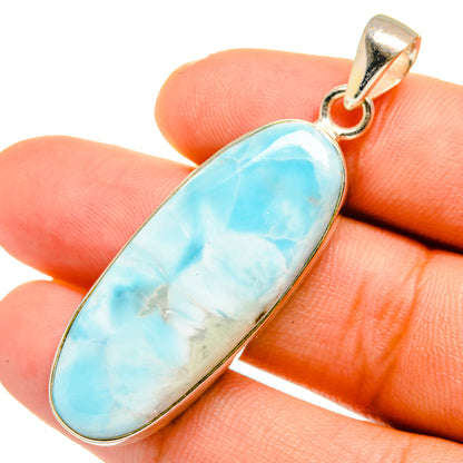 Larimar gemstone pendant, oval blue stone in sterling silver bezel