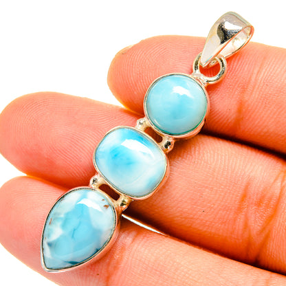 Larimar pendant with three oval turquoise cabochons in 925 silver bezel and loop bail