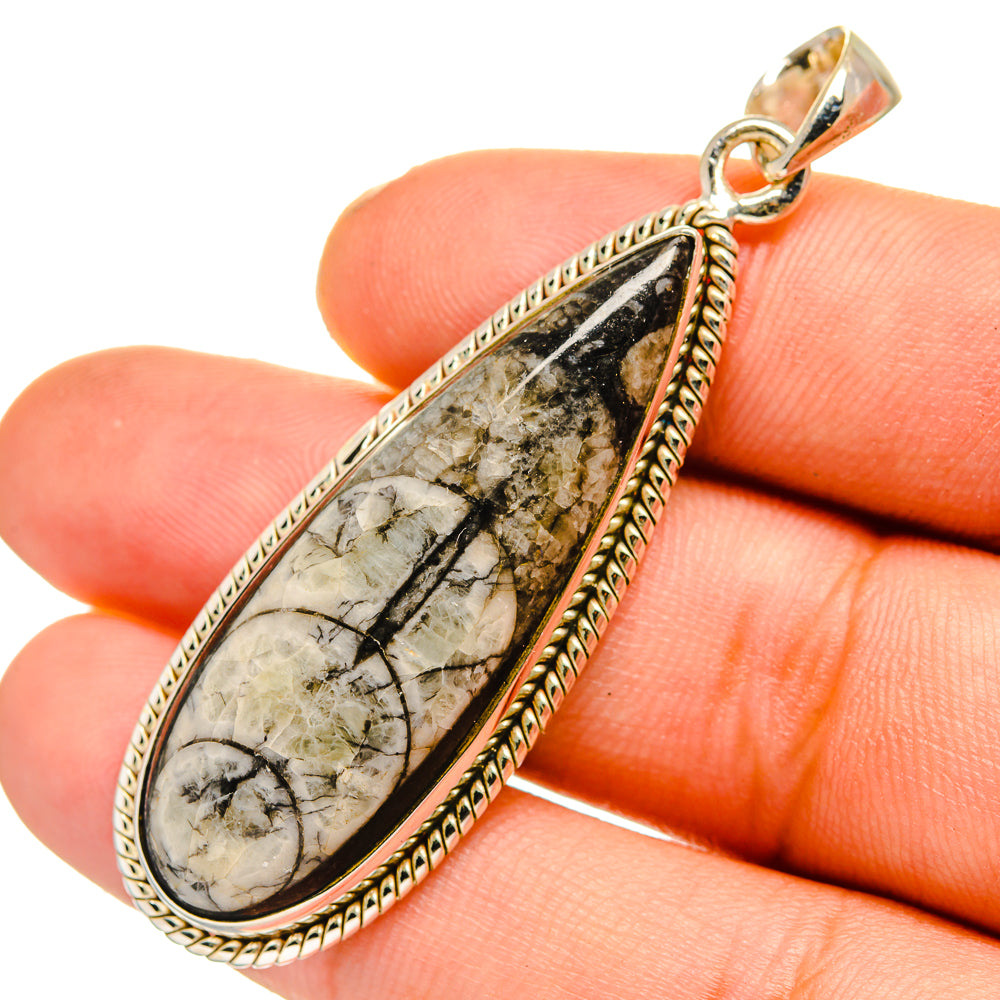 Teardrop fossil stone pendant in 925 sterling silver, beaded frame close-up