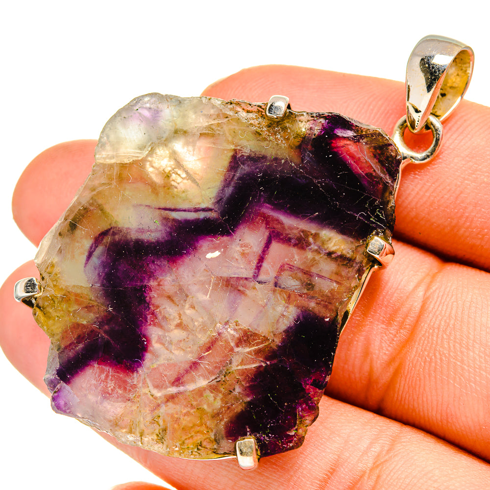 Rough fluorite pendant, gold-tinged white with deep purple, 925 silver bail and prongs