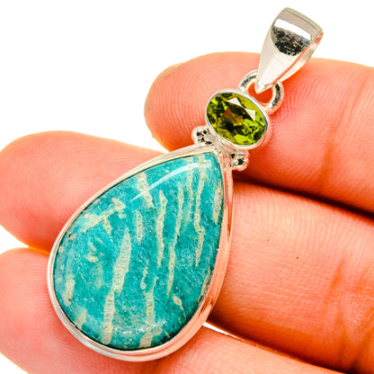 Teardrop amazonite cabochon pendant with green peridot stone, sterling silver frame