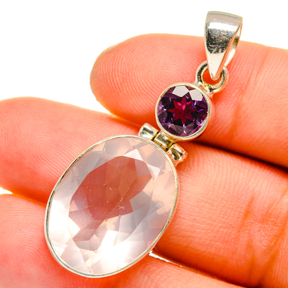 Rose quartz and amethyst pendant, oval pale pink stone with purple bezel top