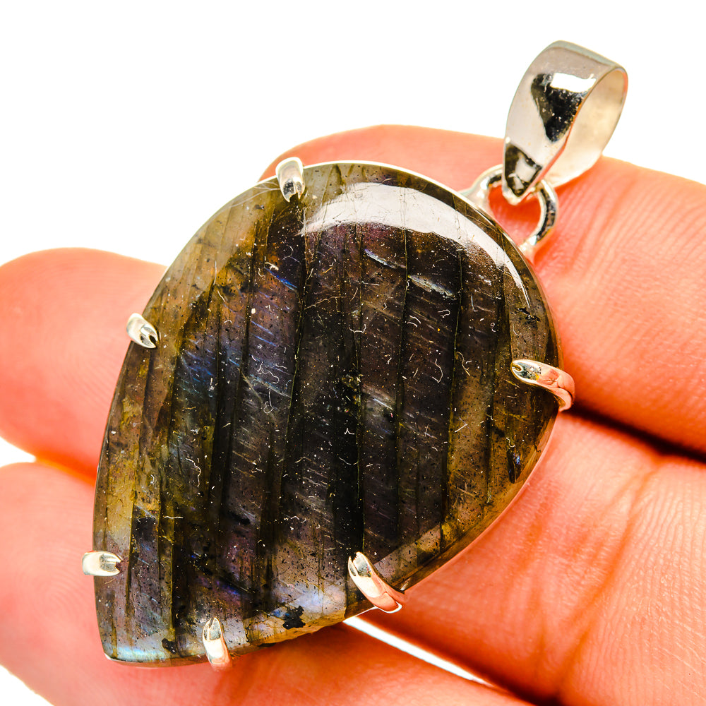 Labradorite pendant, dark iridescent oval stone, 925 sterling silver bail