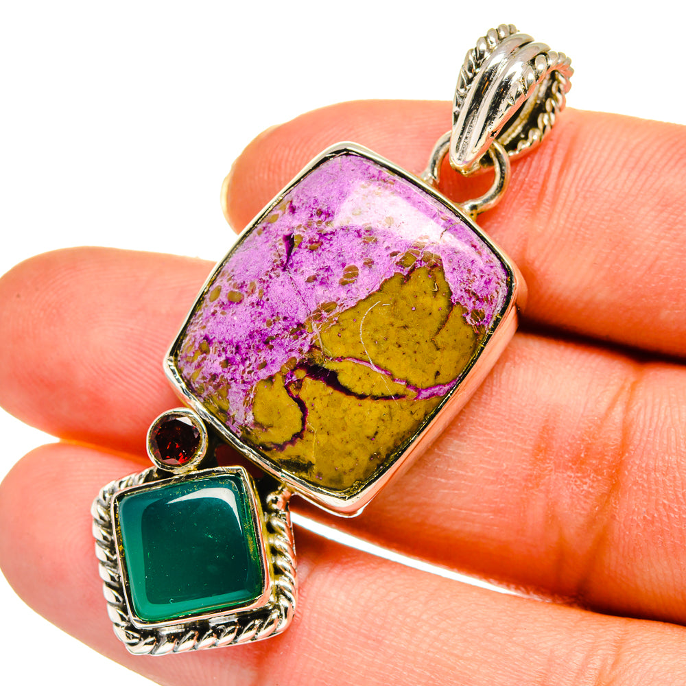 Sterling silver pendant with purple-yellow rectangular stone, green square, and red round gem