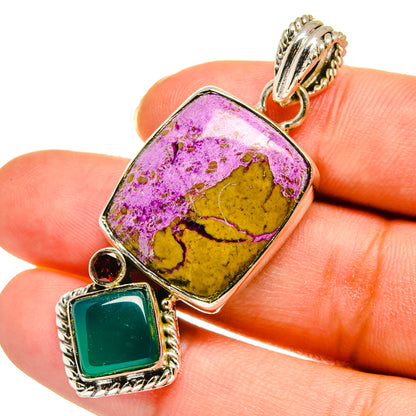 Sterling silver pendant with purple-yellow rectangular stone, green square, and red round gem