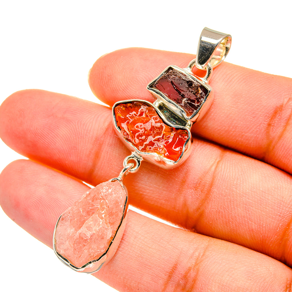 Rough rose quartz and garnet pendant in 925 sterling silver, with bail and loop