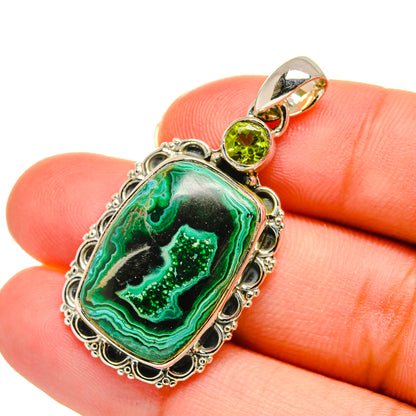 Sterling silver oval malachite-chrysocolla pendant with peridot and teardrop bail
