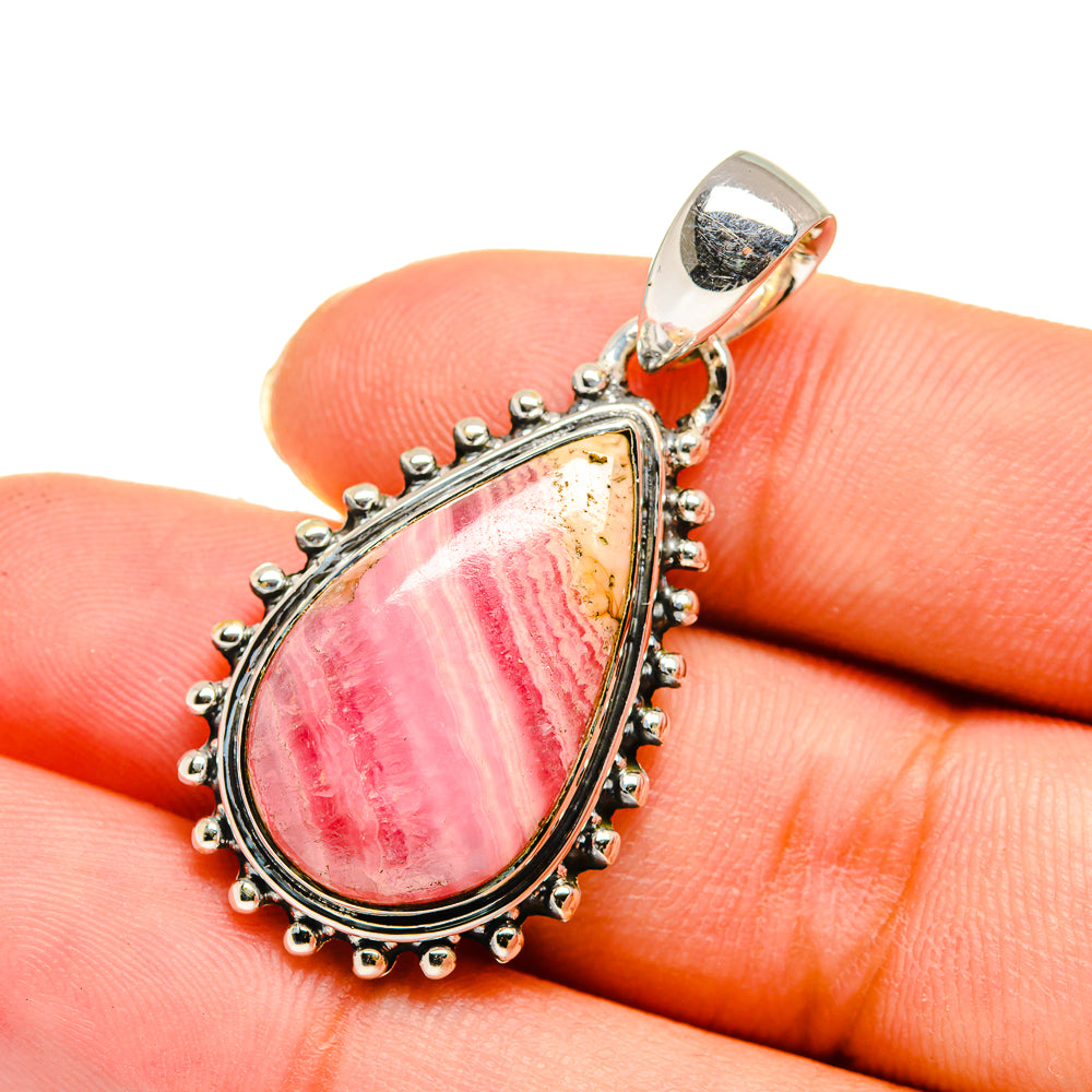 Rhodochrosite teardrop pendant with 925 sterling silver bail, beaded bezel, pink stone