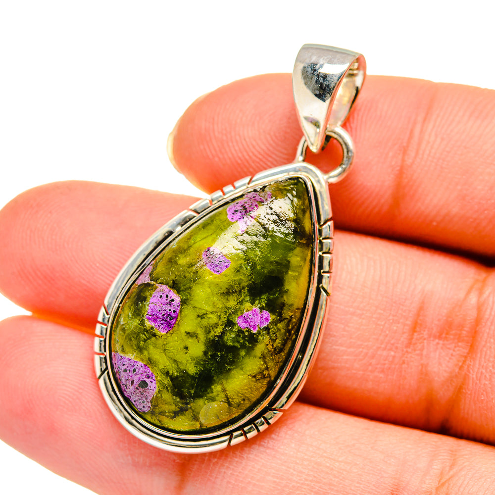 Sterling silver teardrop pendant with green Atlantisite and purple speckles