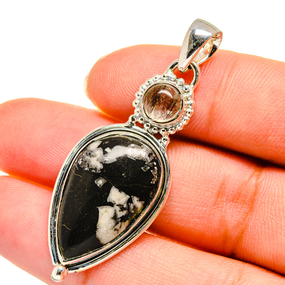 Sterling silver teardrop jasper pendant with black stone and white inclusions, round top bail