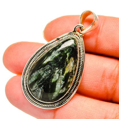 Seraphinite pendant, teardrop 925 sterling silver bezel with mottled dark green stone