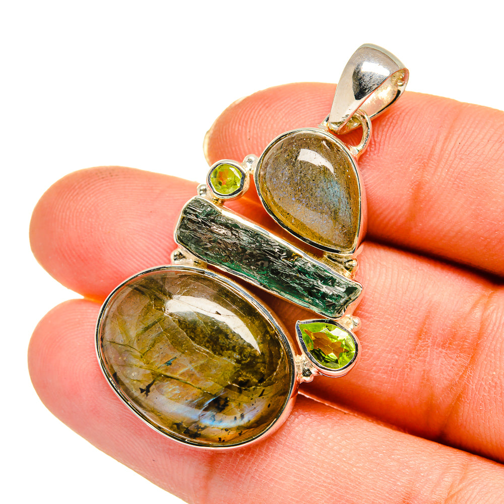 Heart-and-oval gemstone pendant with green tourmaline bar, labradorite, and peridot