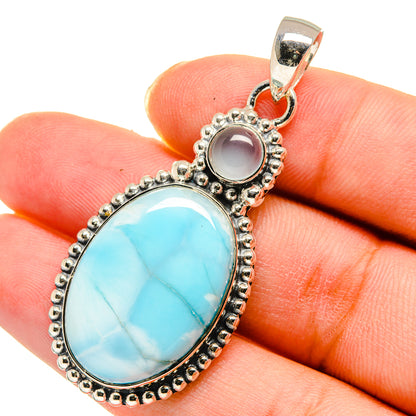 Larimar aqua chalcedony pendant in oval sterling silver bezel, beaded border