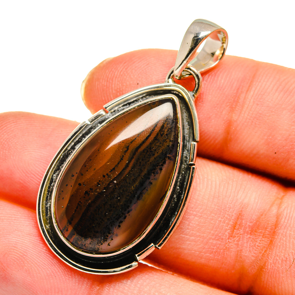 Teardrop agate pendant in 925 sterling silver, dark brown teardrop stone with speckles