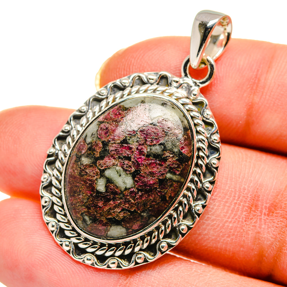 Russian eudialyte pendant in ornate oval 925 sterling silver frame, red and green stone