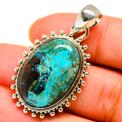 Chrysocolla pendant with oval turquoise cabochon, 925 silver bezel and beaded border