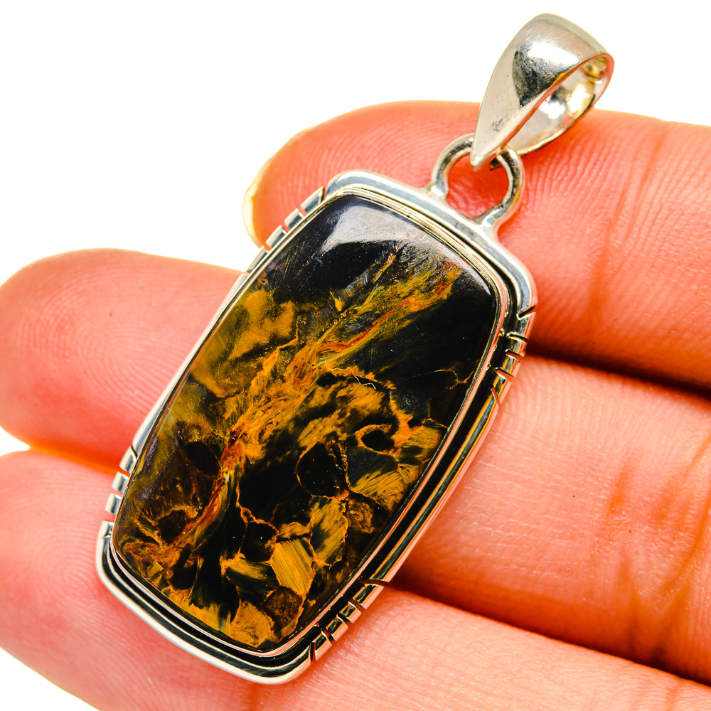 Pietersite pendant in rectangular bezel of 925 sterling silver with bail, black and gold stone