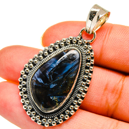 Pietersite pendant, 925 sterling silver teardrop setting with blue-black stone and beads