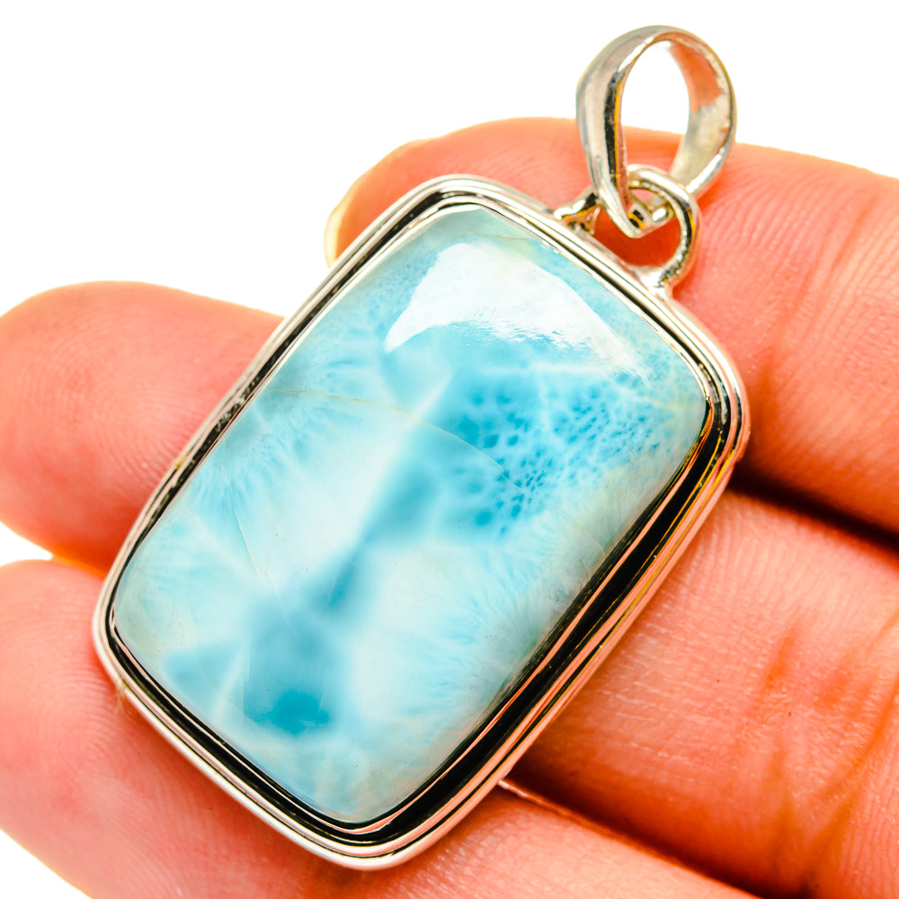 Rectangular larimar stone pendant with 925 sterling silver bezel and bail