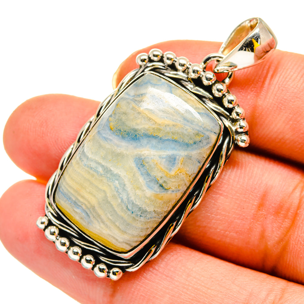 Rectangular blue scheelite cabochon pendant, 925 sterling silver bezel and beaded bail