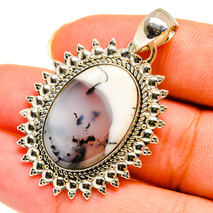 925 sterling silver dendritic opal oval pendant with ornate bezel and loop bail