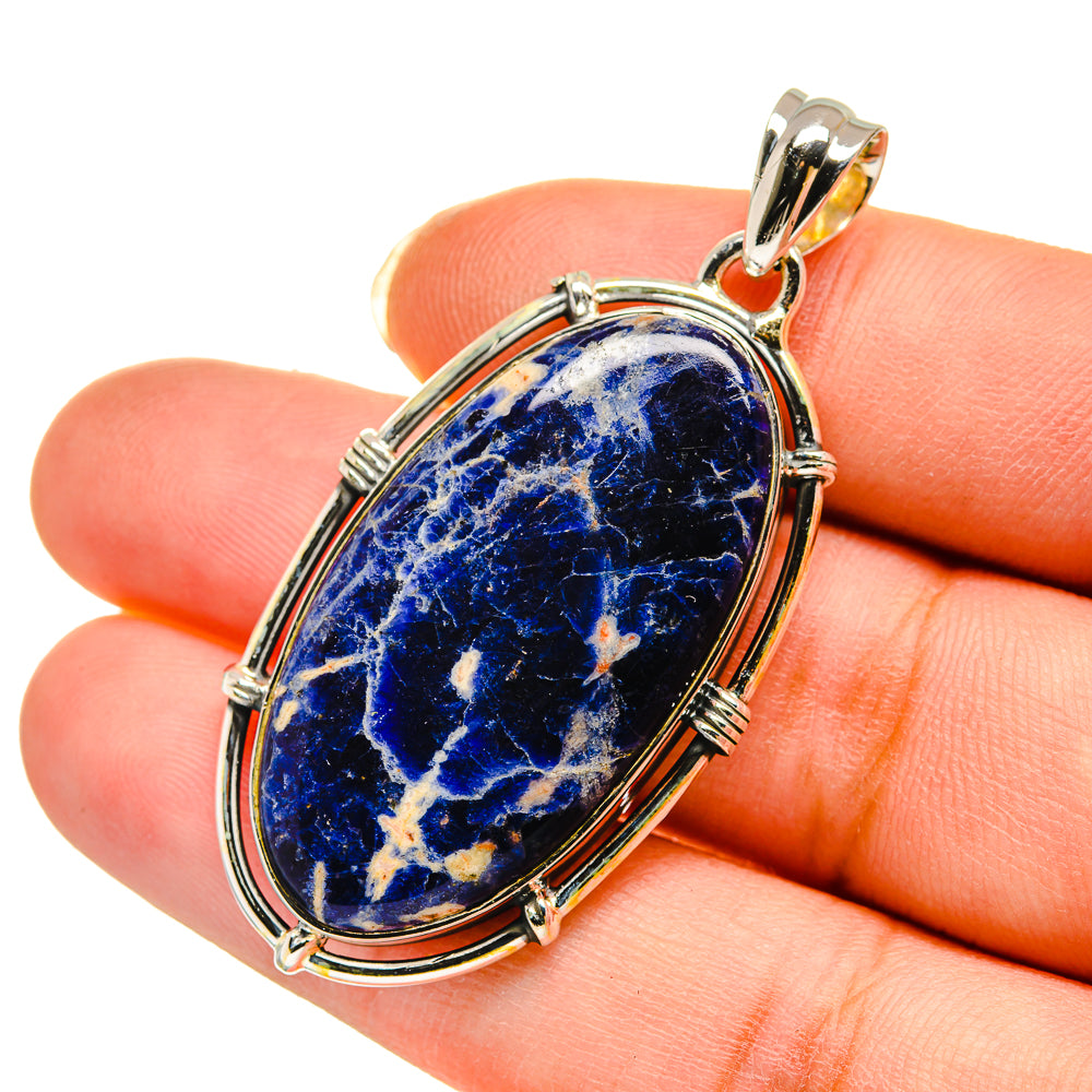 Sodalite oval pendant in 925 sterling silver bezel, blue stone with white veining