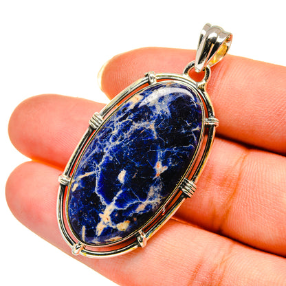 Sodalite oval pendant in 925 sterling silver bezel, blue stone with white veining
