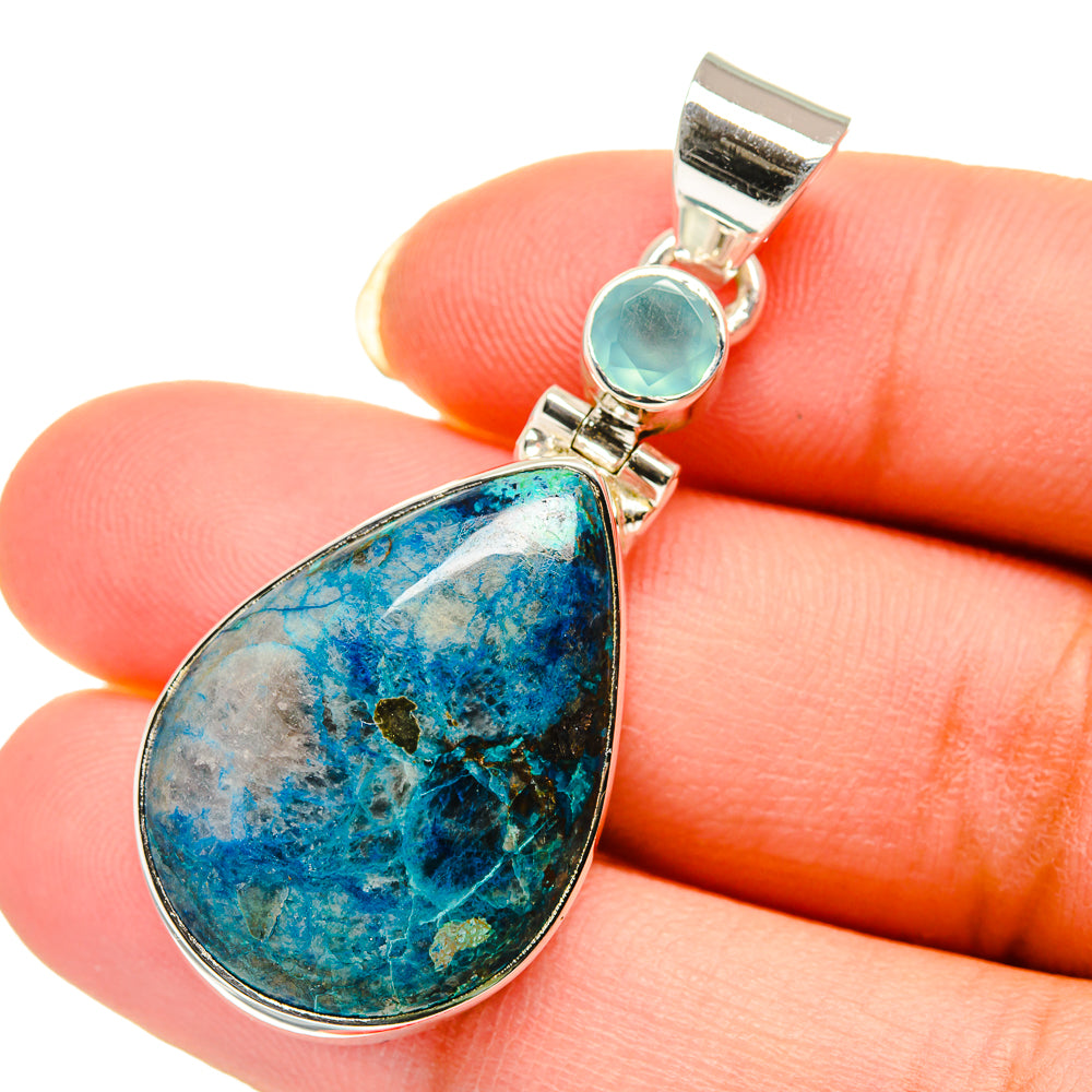 Sterling silver pendant with teardrop blue-green stone and small aqua round top