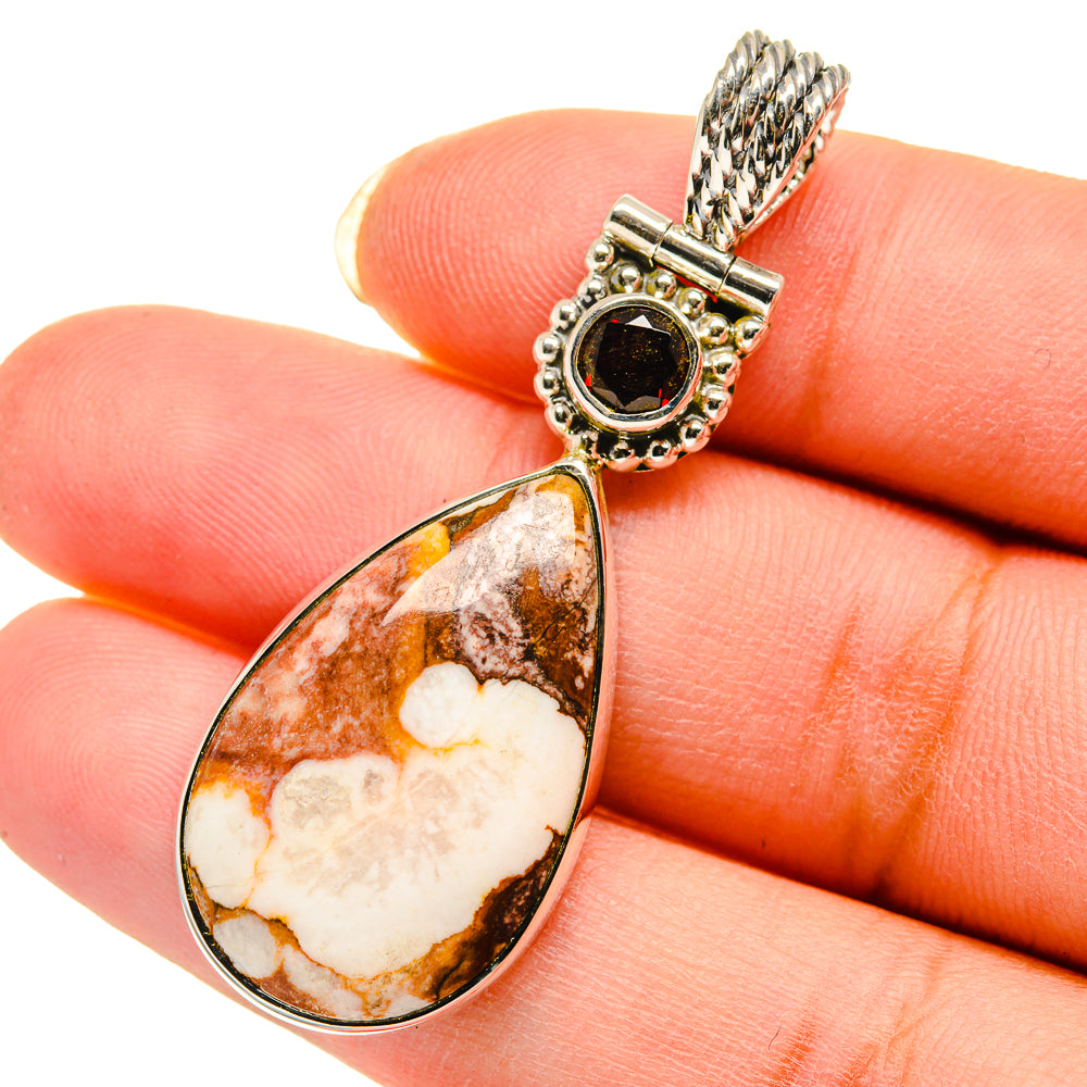 Wild horse jasper and garnet teardrop pendant in silver with braided bail