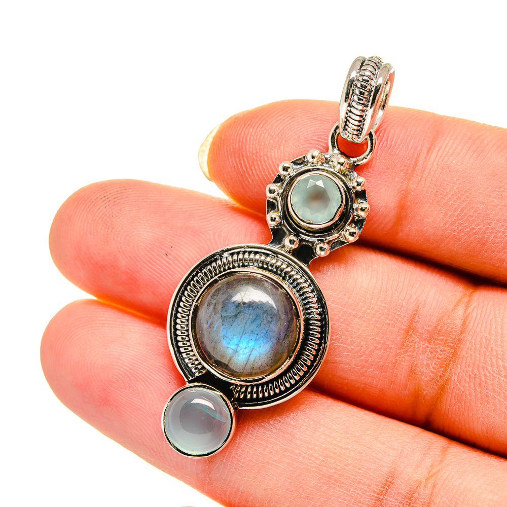 Labradorite and aqua chalcedony pendant with round side stones, sterling silver setting
