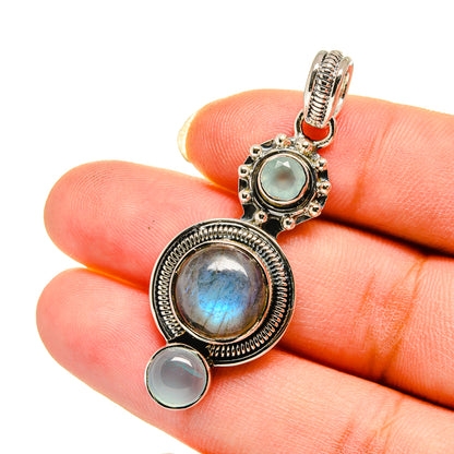 Labradorite and aqua chalcedony pendant with round side stones, sterling silver setting