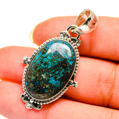 Shattuckite pendant with oval turquoise stone, 925 sterling silver ornate frame