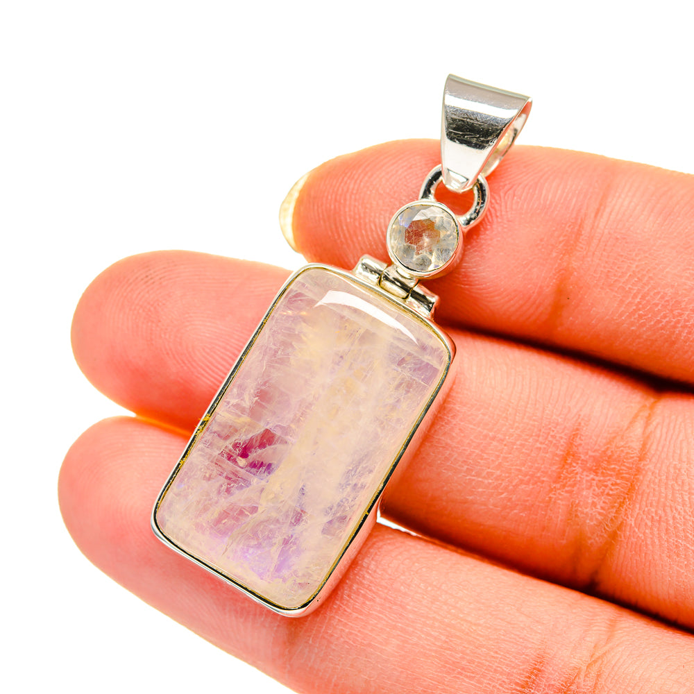 Sterling silver rectangular moonstone pendant with purple-pink iridescent stone