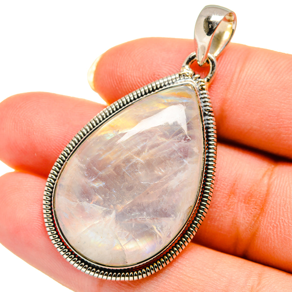 Teardrop moonstone pendant in silver with beaded border and round bail
