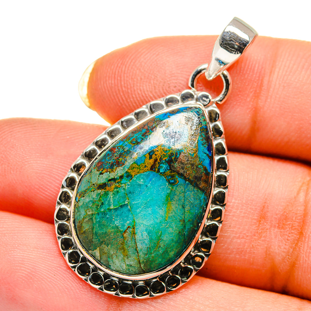 Chrysocolla pendant charm, teardrop blue-green chrysocolla set in silver frame