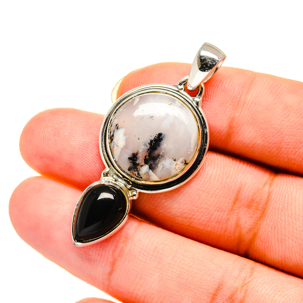 Sterling silver pendant with round dendritic opal and black onyx teardrop accents