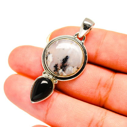 Sterling silver pendant with round dendritic opal and black onyx teardrop accents