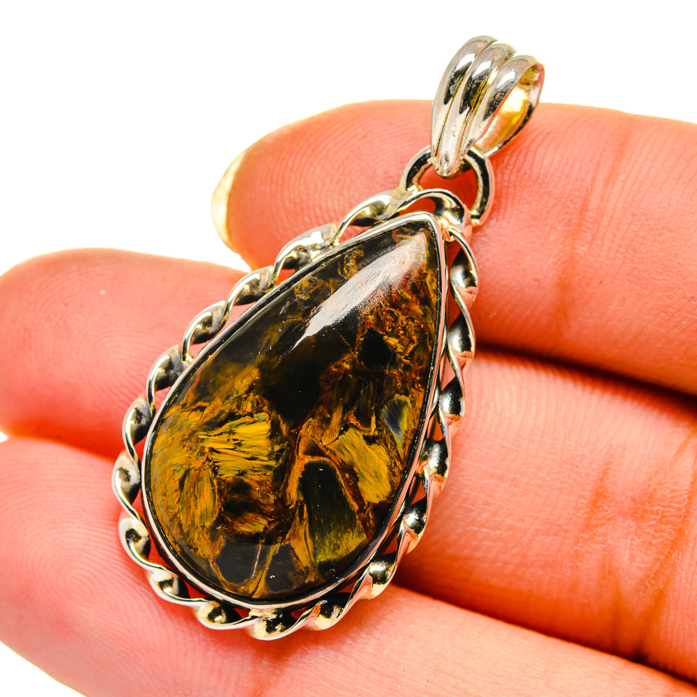 Pietersite pendant closeup with teardrop stone and 925 sterling silver bail